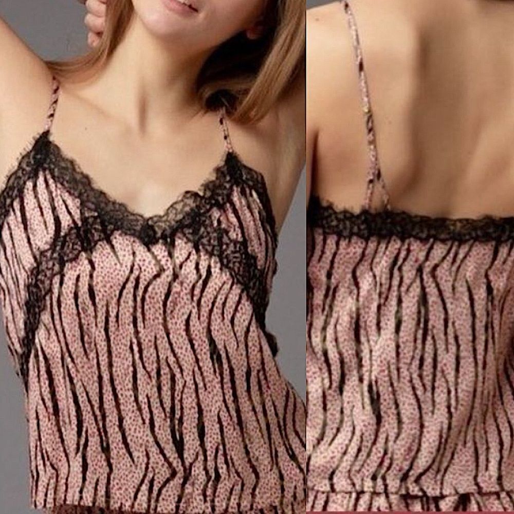 Victoria's Secret Animal Print Shimmer black Lace Trim Satin cami Tank Top M
